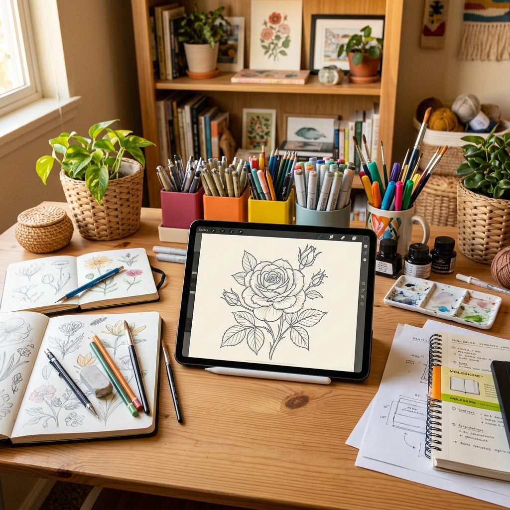 A sketchbook showing a drawing being digitized into scalable vector lines on a nearby tablet screen