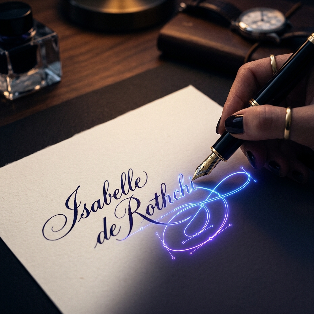 A fountain pen signing a document on paper, transitioning into digital glowing vector paths