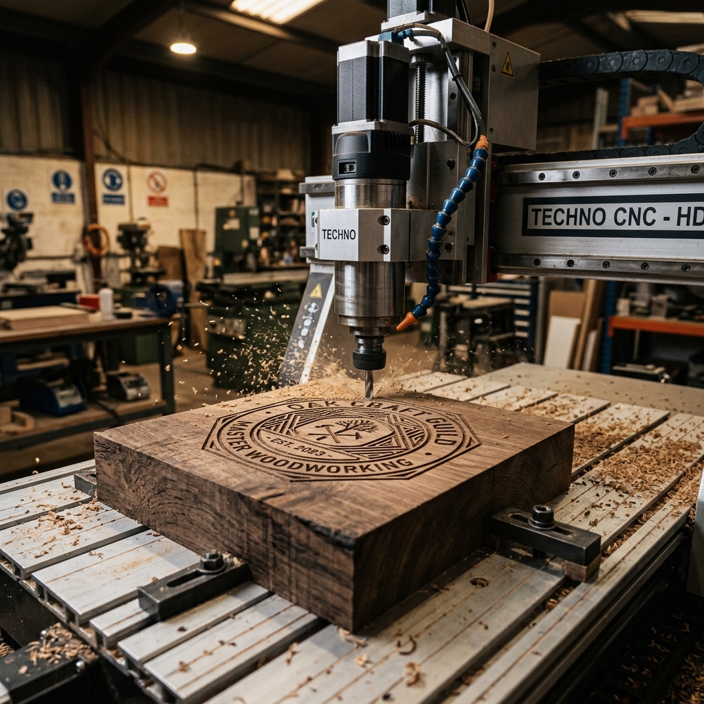 A high-precision CNC router head carving a vector logo into a block of dark oak wood