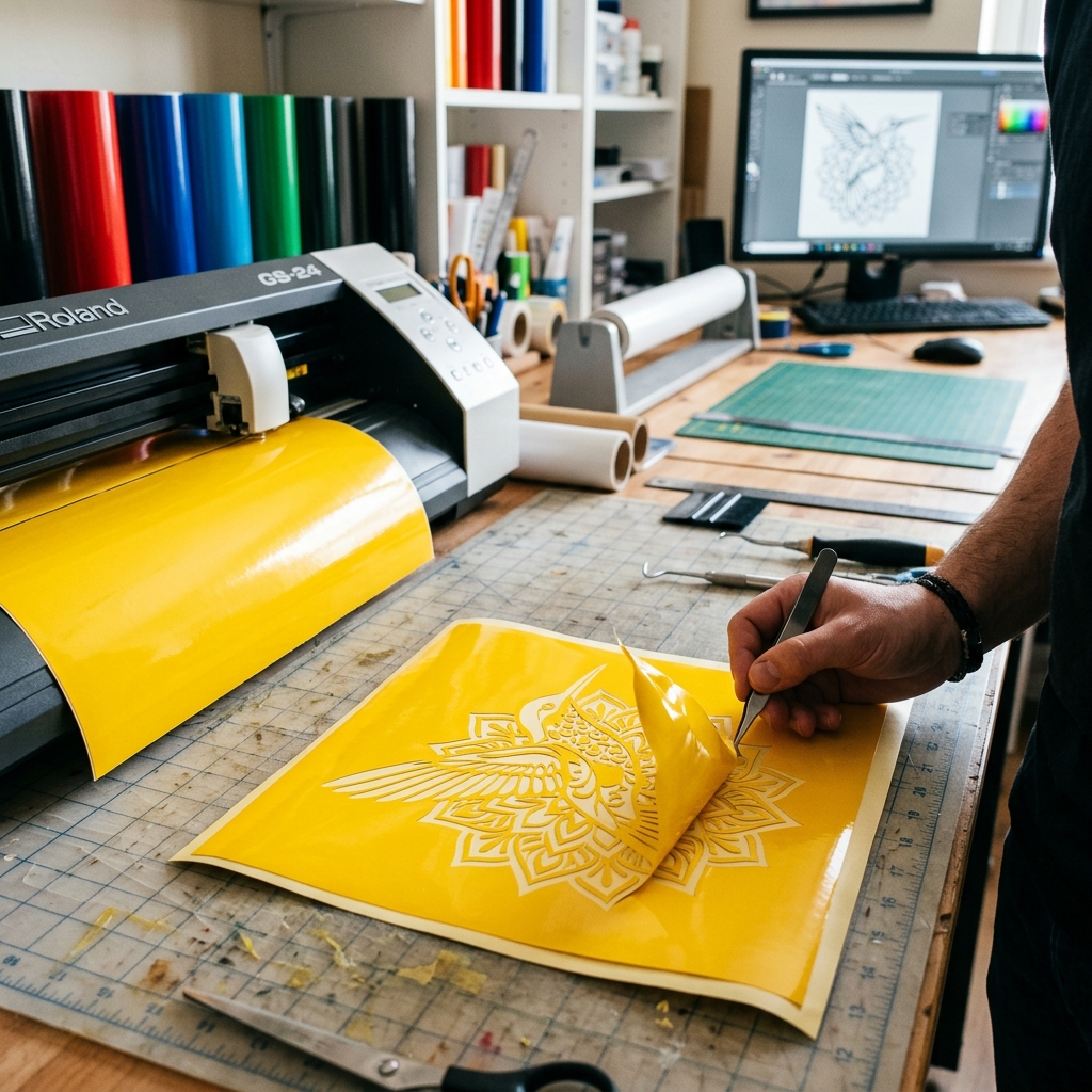 A vinyl plotter cutting a design with weeding tools preparing a clean vector vinyl logo sticker