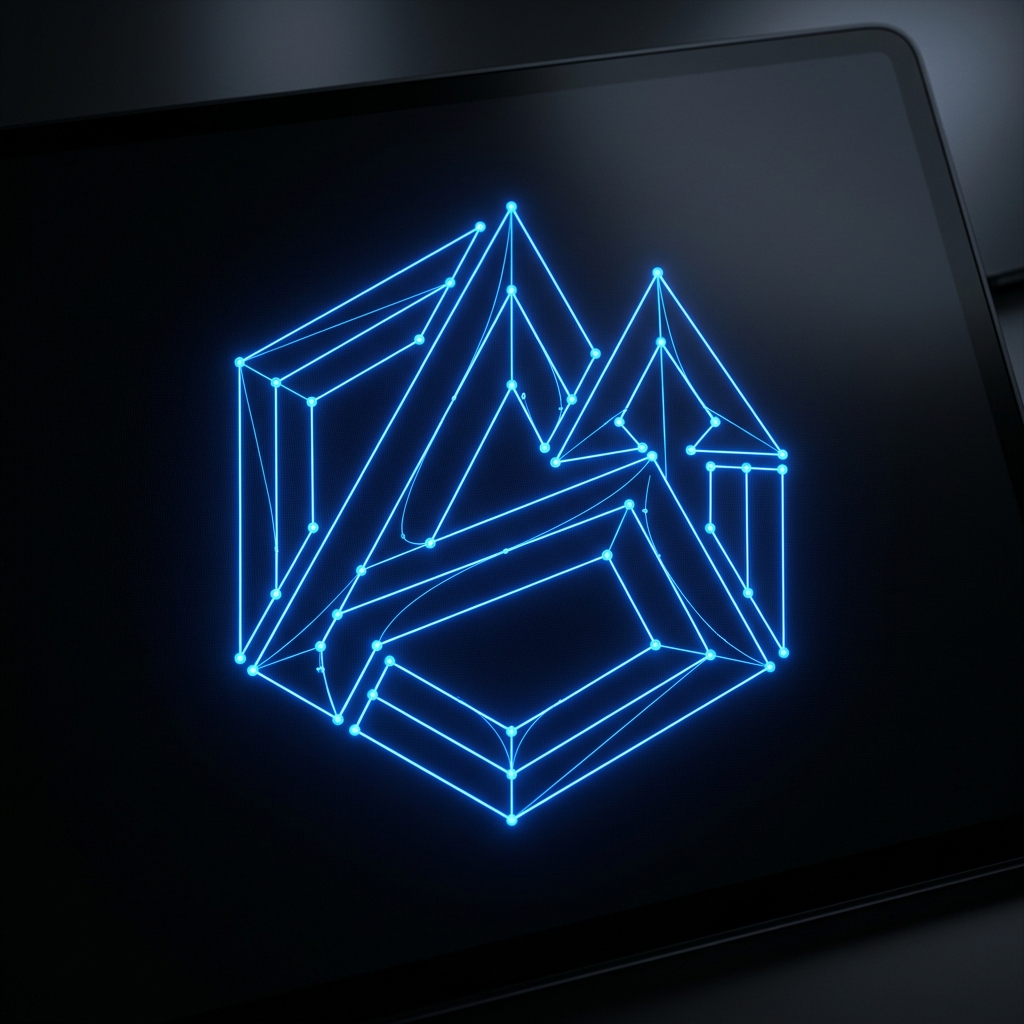 Digital illustration showing glowing neon logo wireframe
