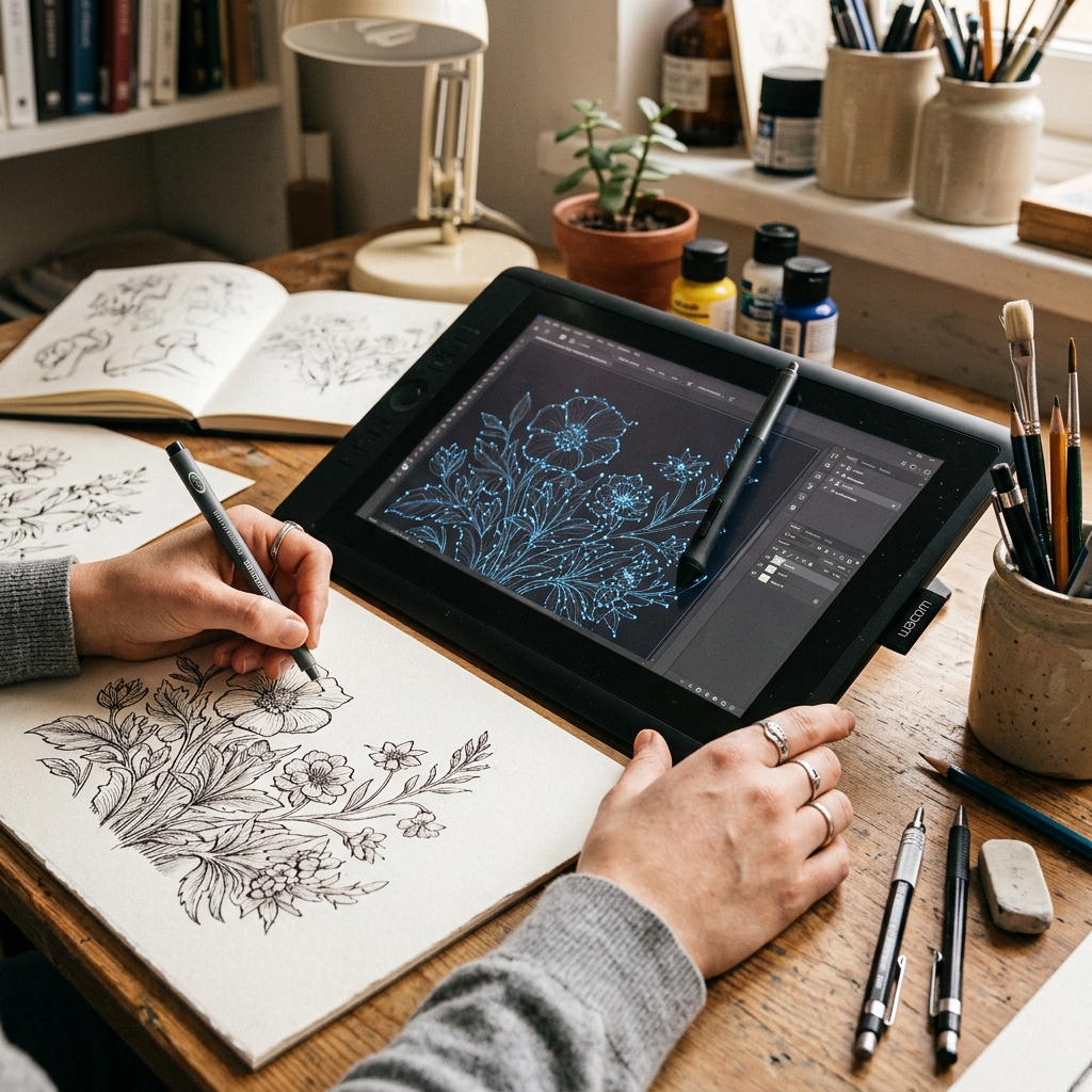 An artist's hand drawing line art next to a screen showing digital vector anchor points