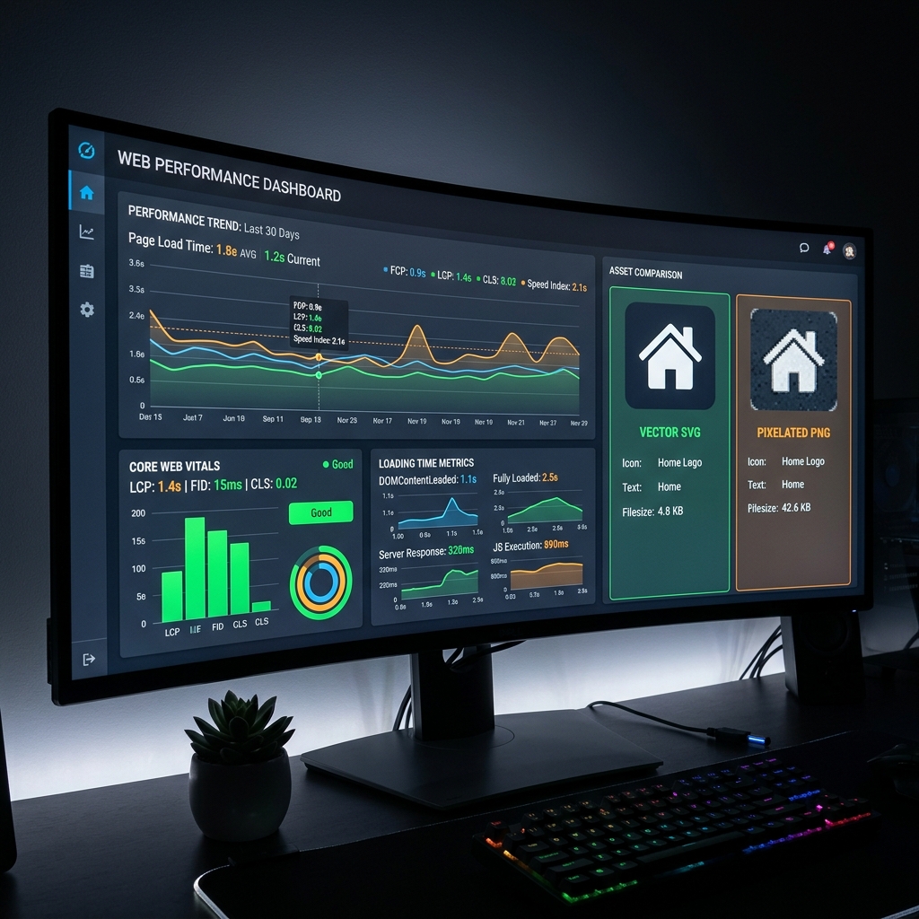 Web development dashboard comparing SVG vs PNG load times